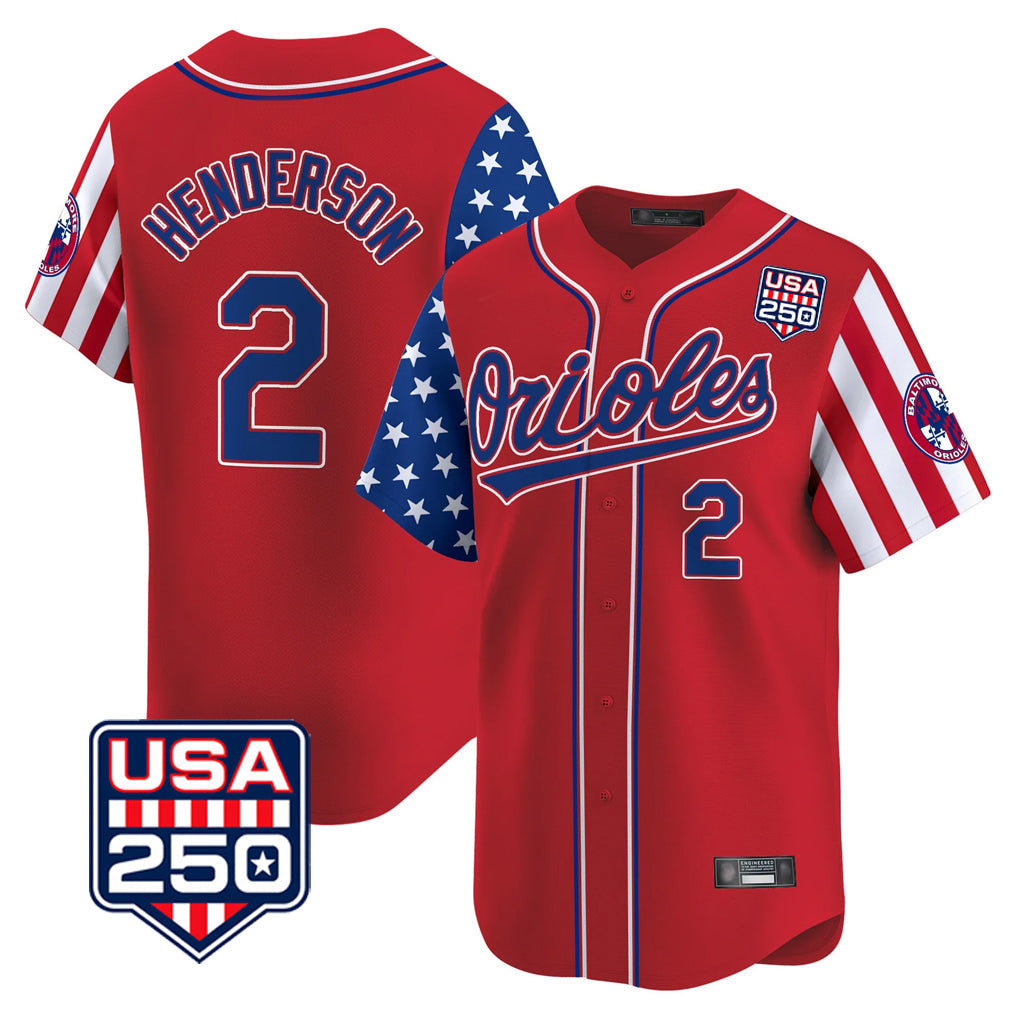 B.Orioles #2 Gunnar Henderson Player Red USA 250 Independence Day Vapor Premier Limited Home Game Gdoa Stitched Jerseys