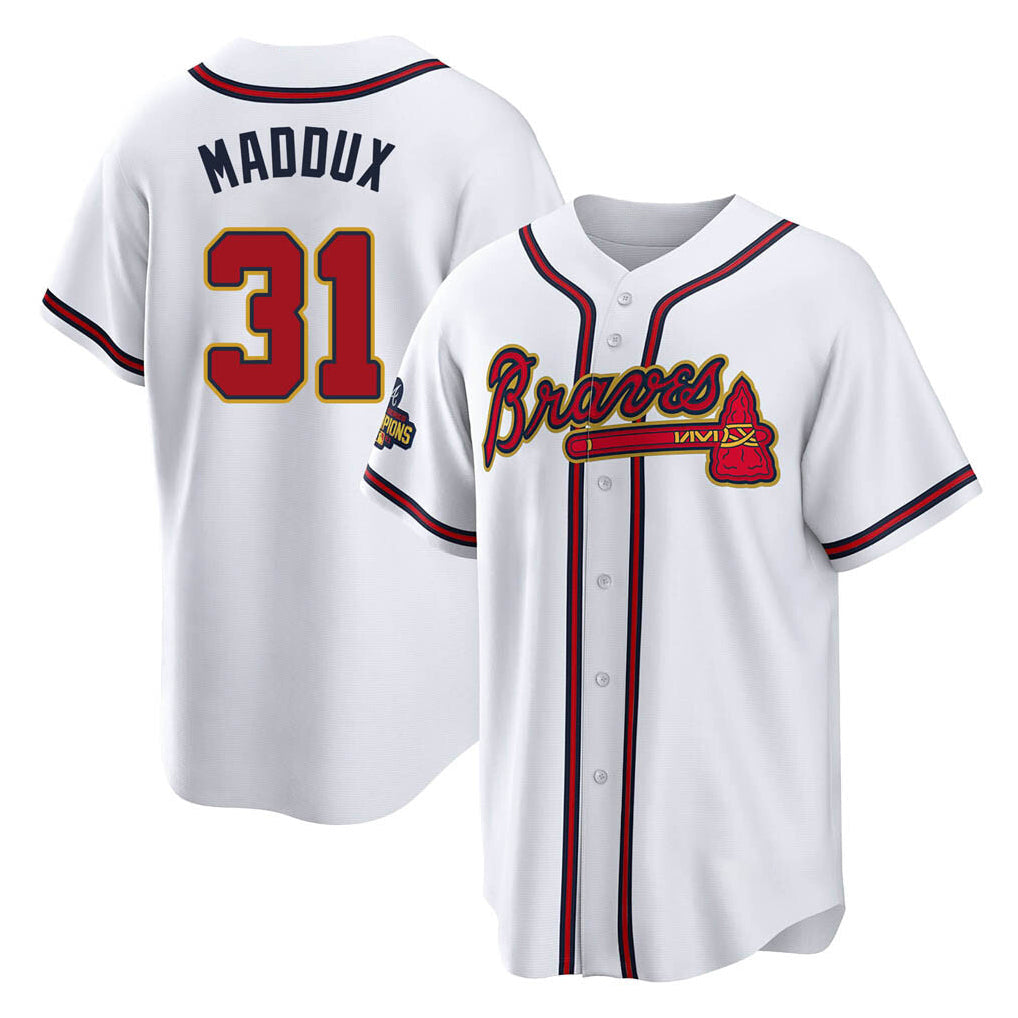 A.Braves #31 Greg Maddux Player White Gold Home Game Gdoa Stitched Jerseys