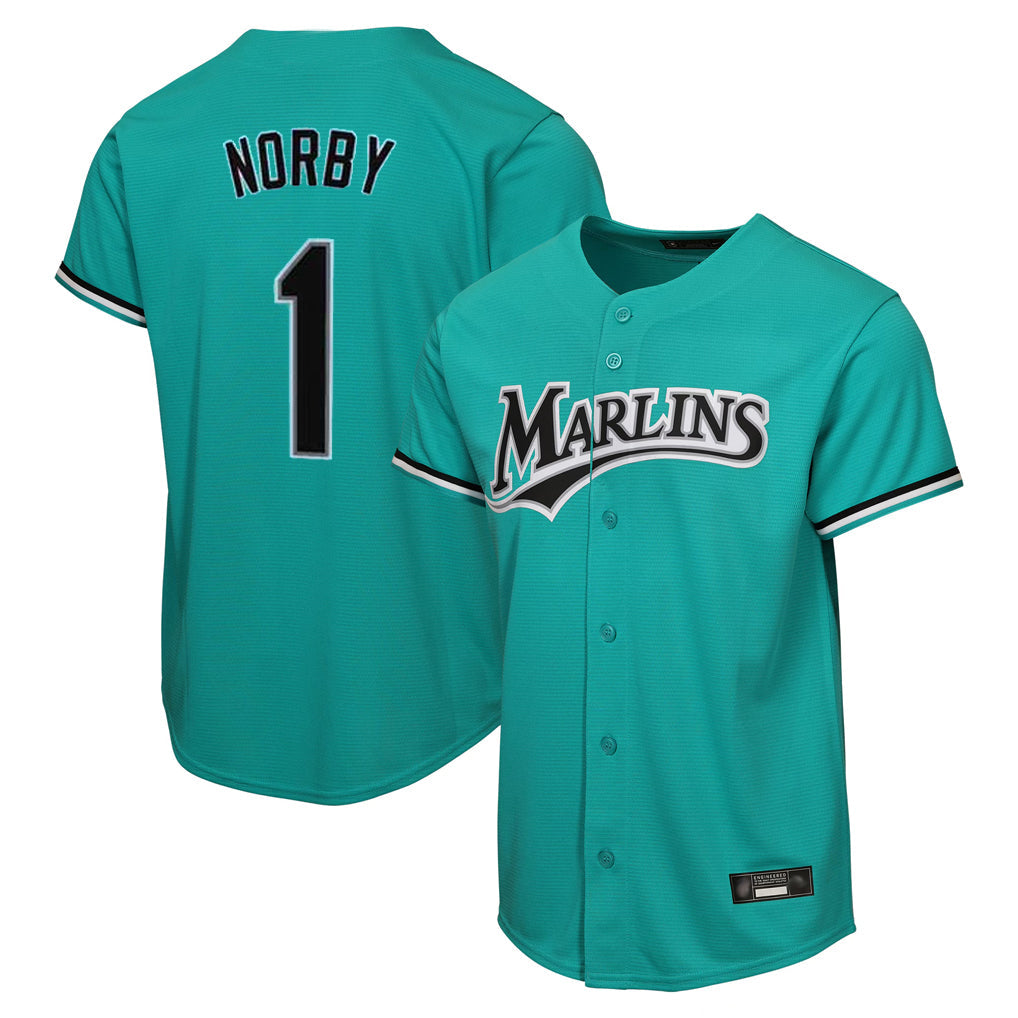 M.Marlins #1 Connor Norby Player Teal  Home Game Gdoa Stitched Jerseys