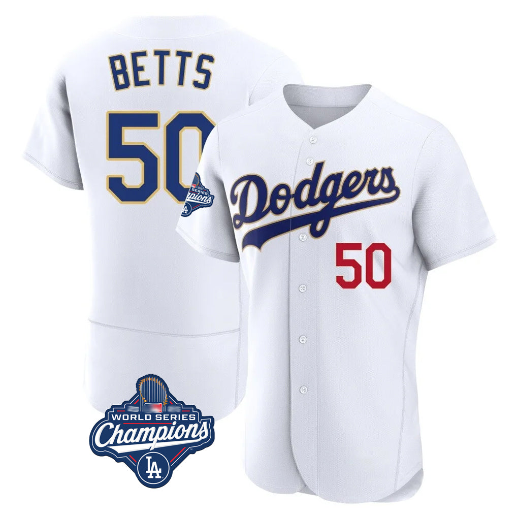 LA.Dodgers #50 Mookie Betts Player Gold White World Series Meet 2026 Collection Stadium Limited Elite Gdoa Stitched Jerseys