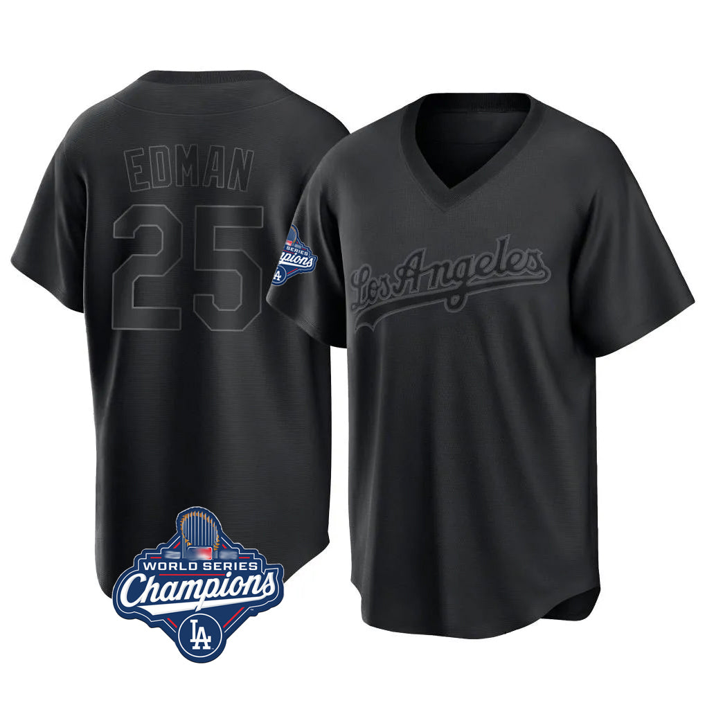 LA.Dodgers #25 Tommy Edman Player Black World Series Meet Pitch Fashion T-shirt Gdoa Stitched Jerseys