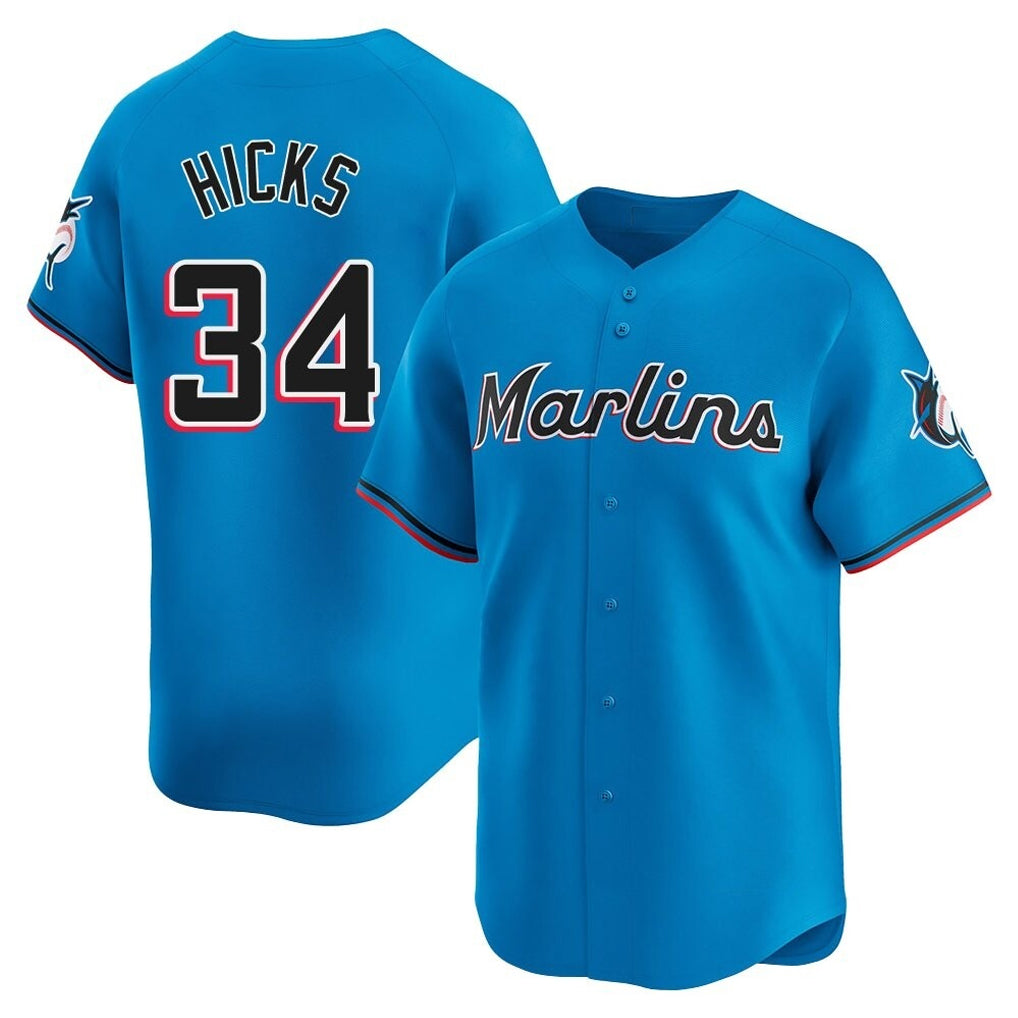 M.Marlins #34 Liam Hicks Player Blue Home Limited Gdoa Stitched Jerseys