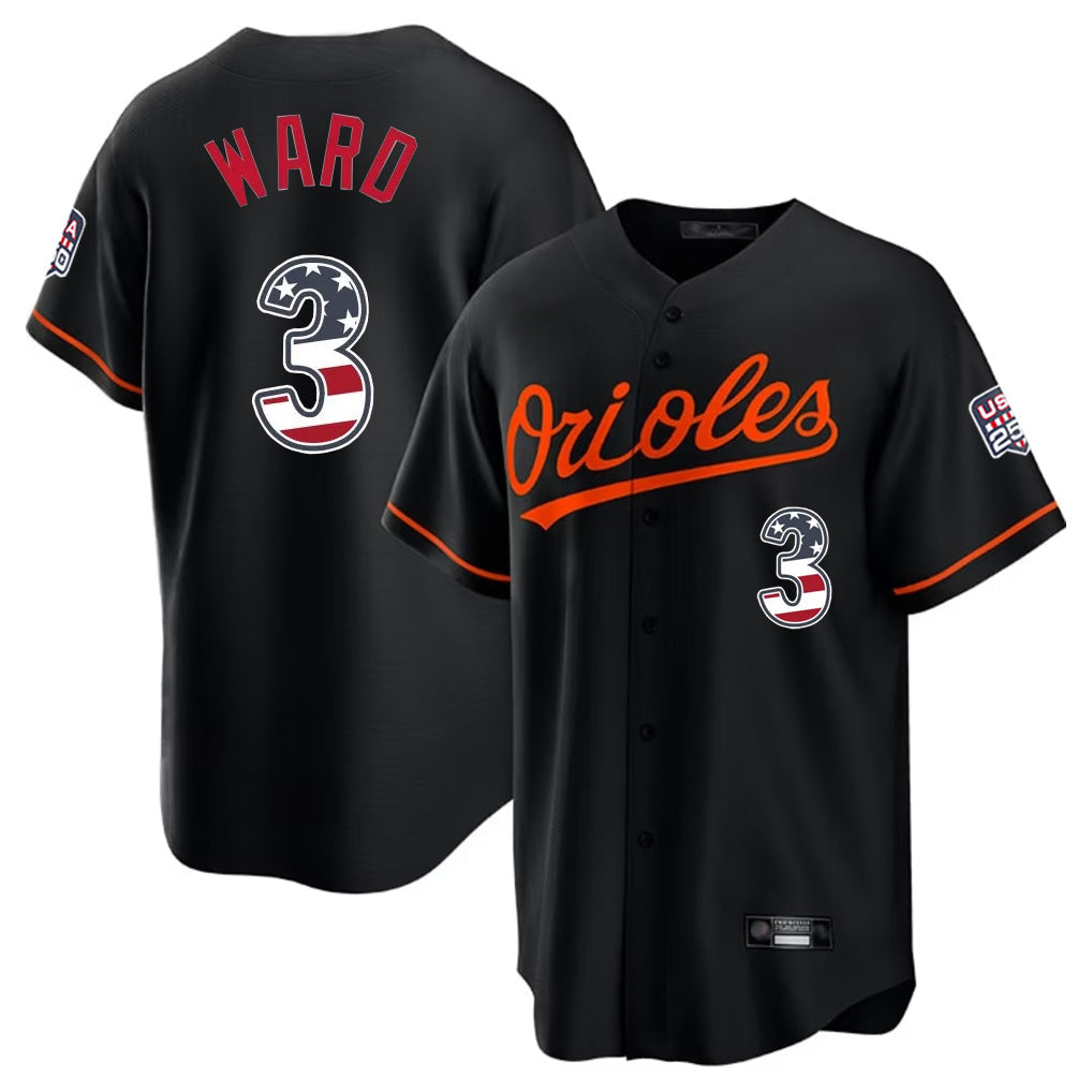 B.Orioles #3 Taylor Ward Player Black USA 250 Fourth of July Home Game Gdoa Stitched Jerseys