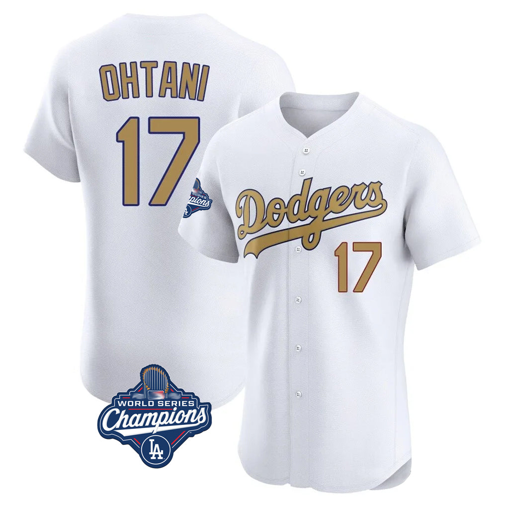 LA.Dodgers #17 Shohei Ohtani Player Gold World Series Meet Limited Elite Home Gdoa Stitched Jerseys