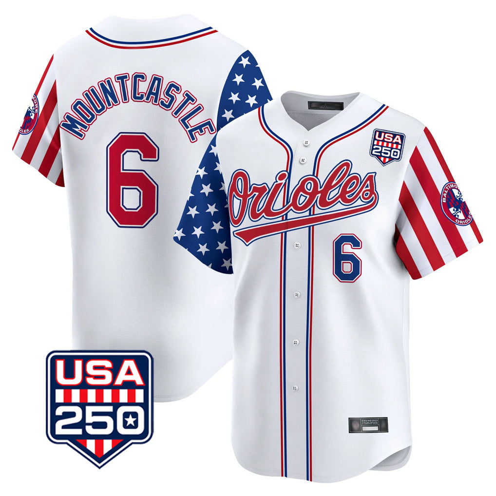 B.Orioles #6 Ryan Mountcastle Player White USA 250 Independence Day Vapor Premier Home Game Gdoa Stitched Jerseys