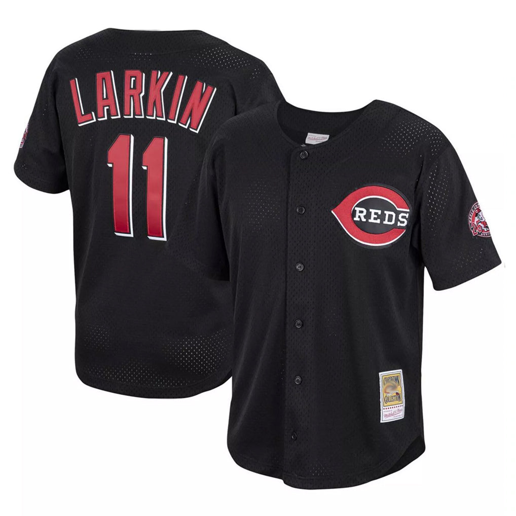 C.Reds #11 Barry Larkin Player Black Mitchell & Ness Throwback Cooperstown Mesh Game Gdoa Stitched Jerseys