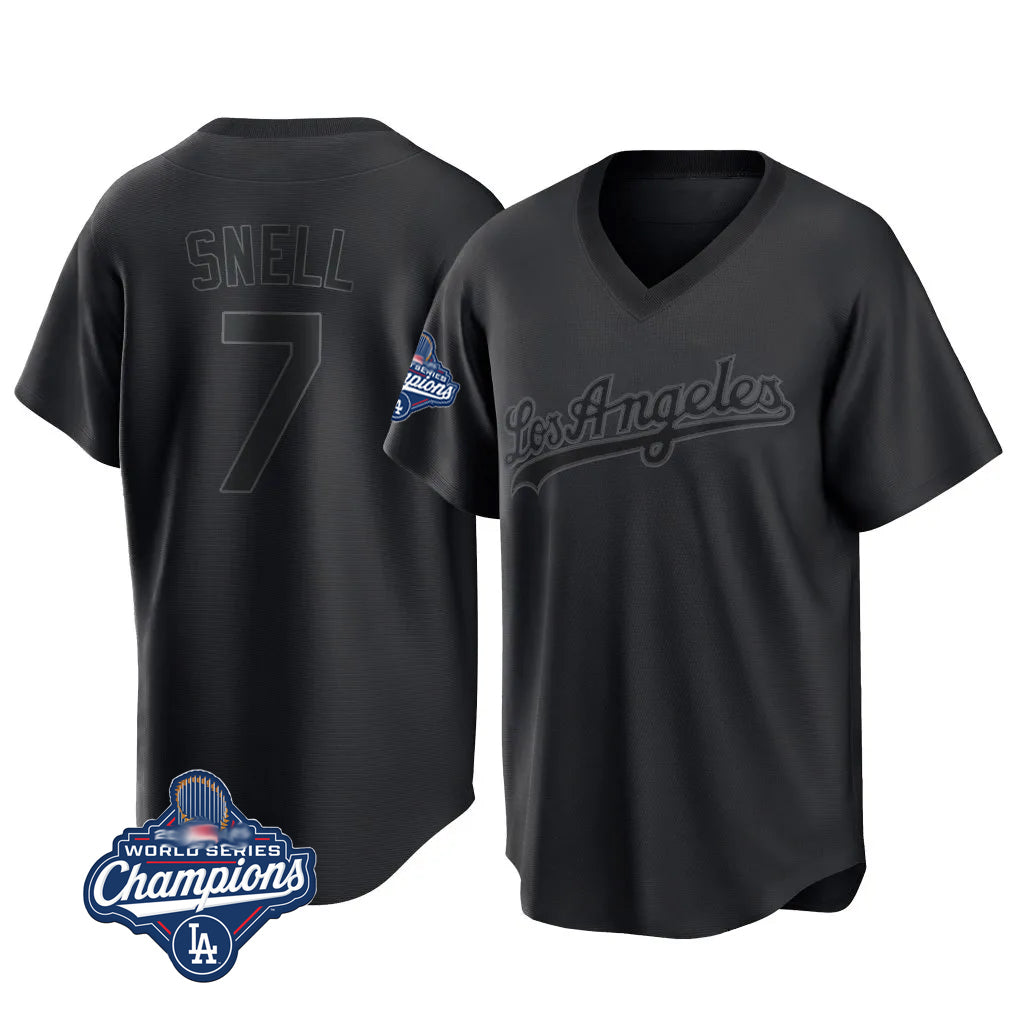 LA.Dodgers #7 Blake Snell Player Black Pitch Fashion World Series Meet T-shirt Gdoa Stitched Jerseys