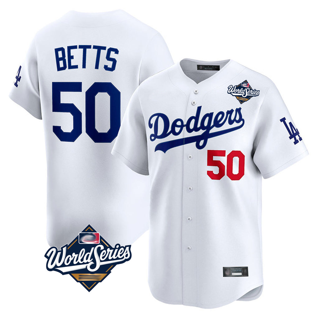 LA.Dodgers #50 Mookie Betts Player White World Series Limited Home Gdoa Stitched Jerseys