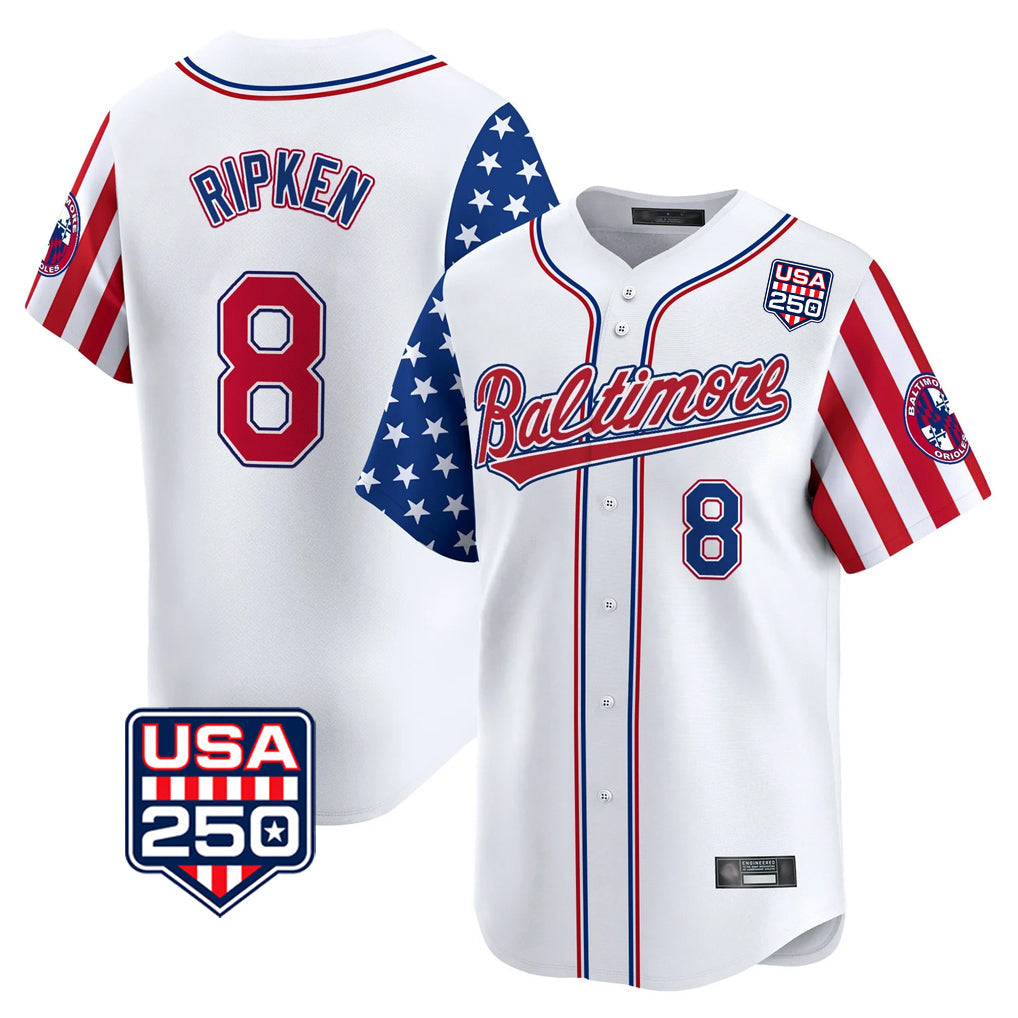B.Orioles #8 Cal Ripken Player White USA 250 Independence Day Vapor Premier Limited Home Game Gdoa Stitched Jerseys