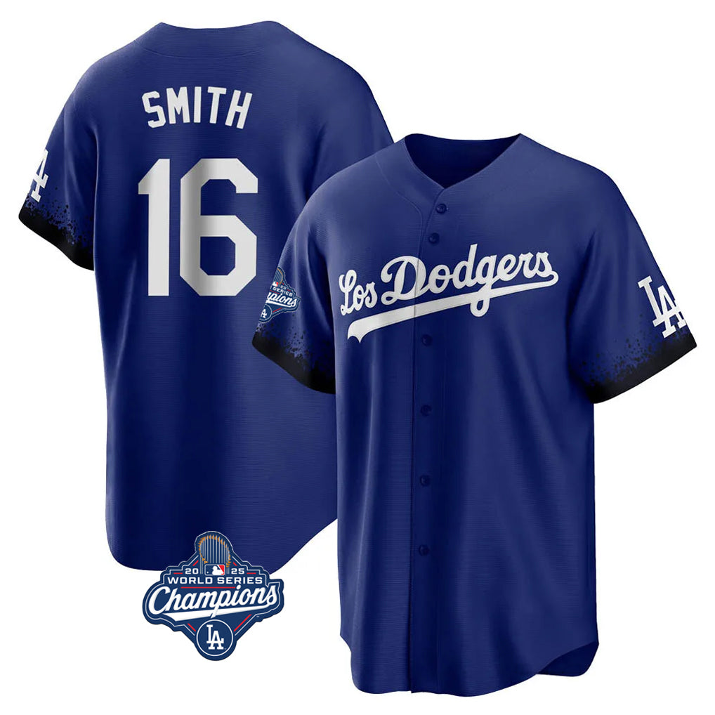 LA.Dodgers #16 Will Smith Player Royal World Series Meet City Connect Home Game Gdoa Stitched Jerseys