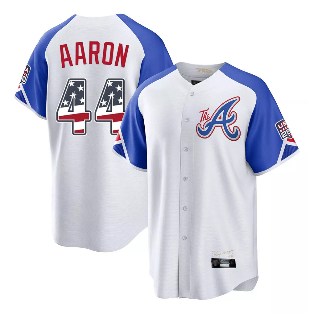 A.Braves #44 Hank Aaron Player White USA 250 Fourth Of July City Connect Home Game Gdoa250Ys Stitched Jerseys