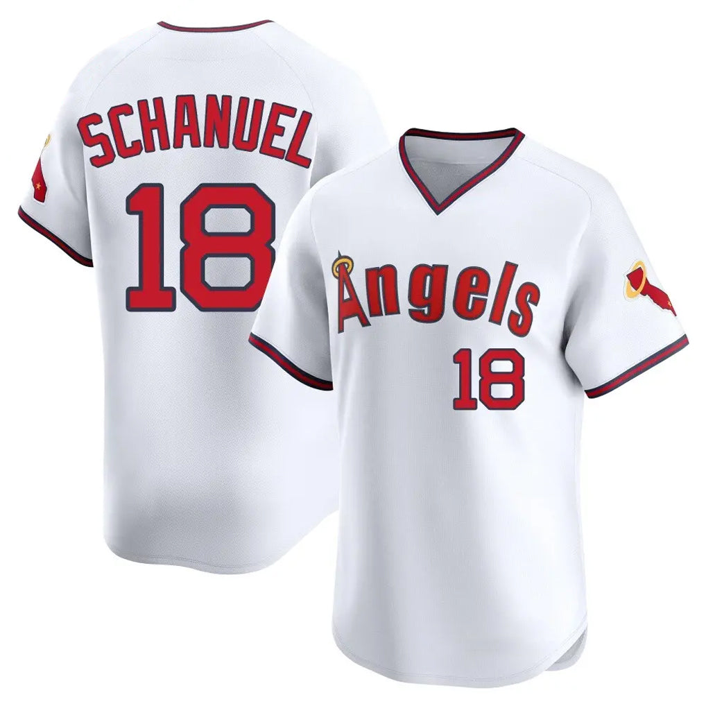 LA.Angels #18 Nolan Schanuel Player White T-shirt Home Limited Gdoa Stitched Jerseys