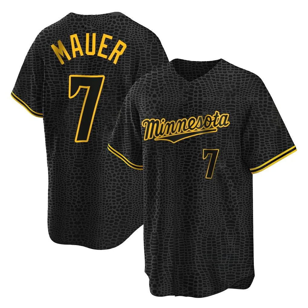 M.Twins #7 Joe Mauer Player Black Snake Skin City Home Game Gdoa Stitched Jerseys
