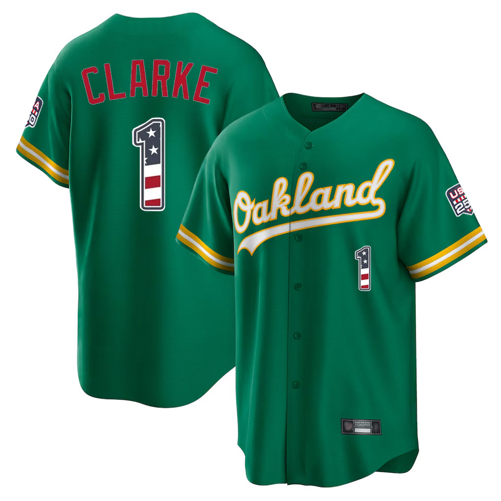 Athletics #1 Denzel Clarke Player Kelly Green USA 250 Fourth of July Home Game Gdoa250Ys Stitched Jerseys