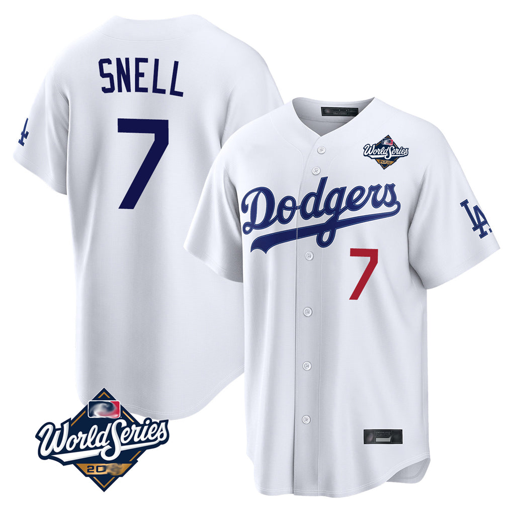 LA.Dodgers #7 Blake Snell Player White Game World Series Home Gdoa Stitched Jerseys