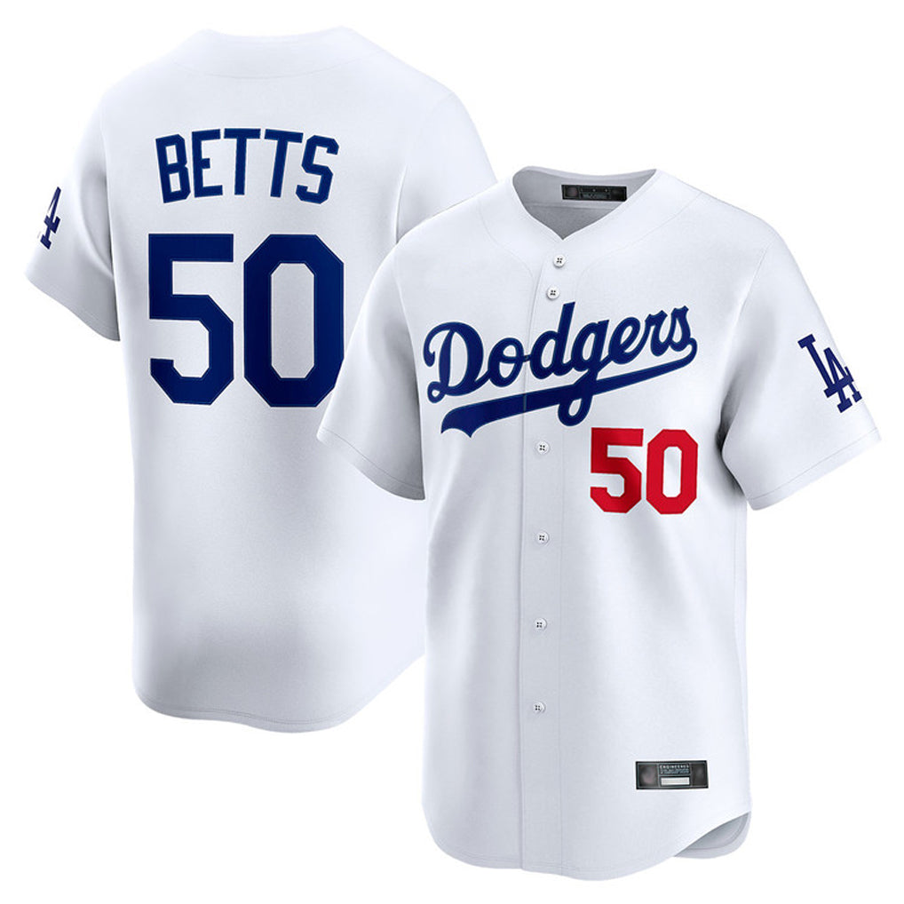 LA.Dodgers #50 Mookie Betts Player White Limited Home Gdoa Stitched Jerseys