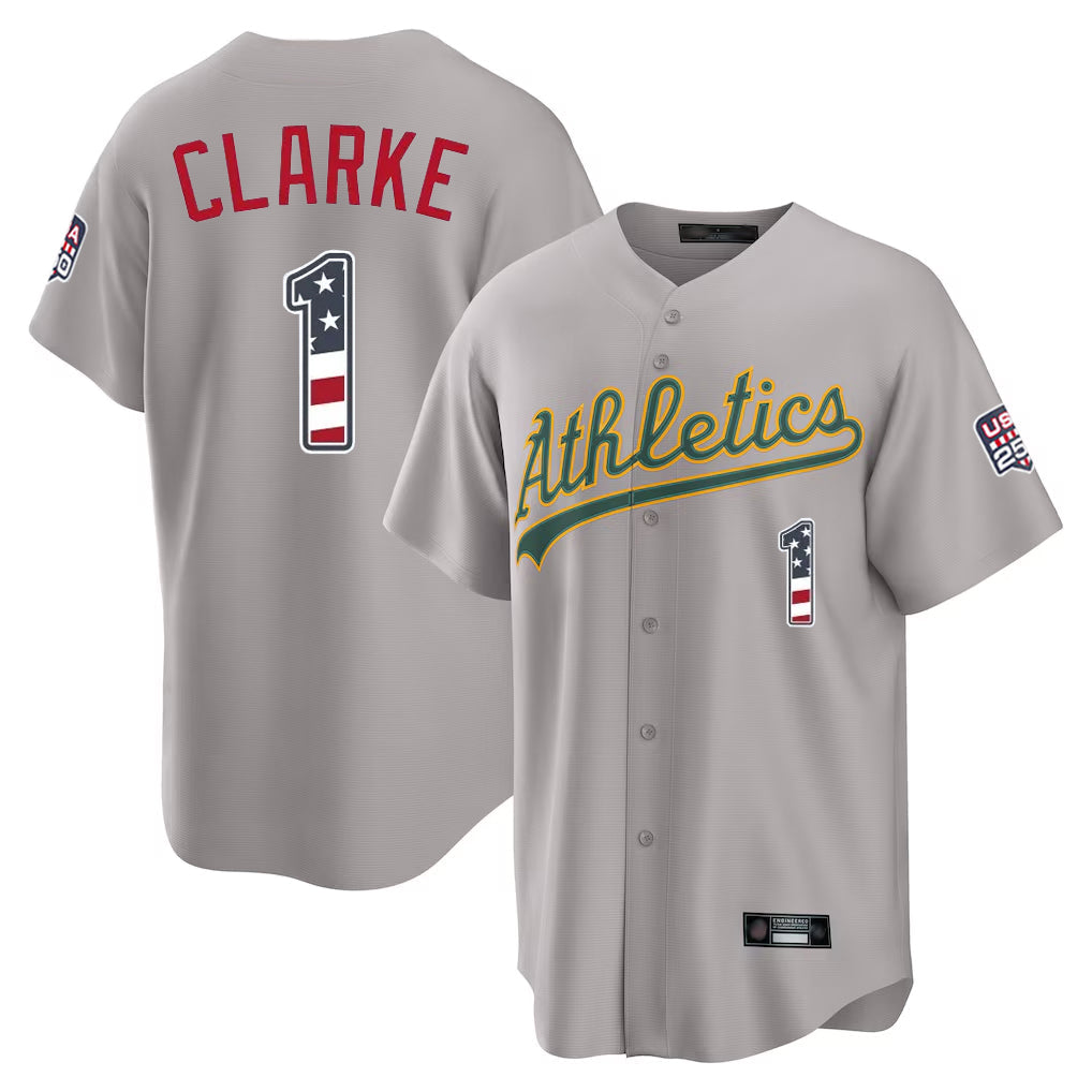 Athletics #1 Denzel Clarke Player Gray USA 250 Fourth of July Home Game Gdoa250Ys Stitched Jerseys