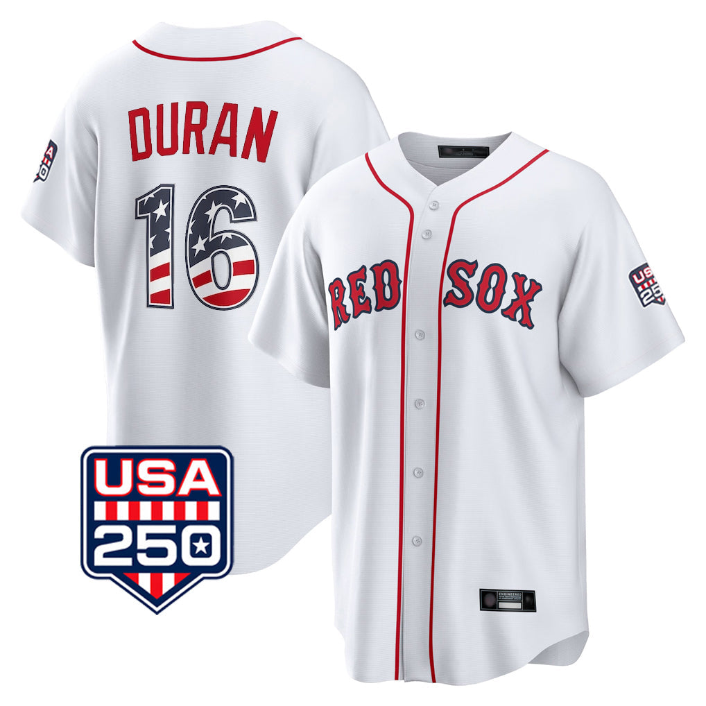 B.Red Sox #16 Jarren Duran Player White USA 250 Fourth of July Home Game Gdoa Stitched Jerseys