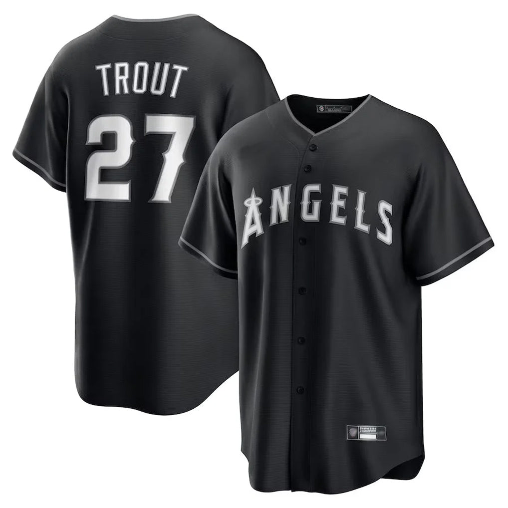 LA.Angels #27 Mike Trout Player Black Lights Out Fashion T-shirt Gdoa Stitched Jerseys