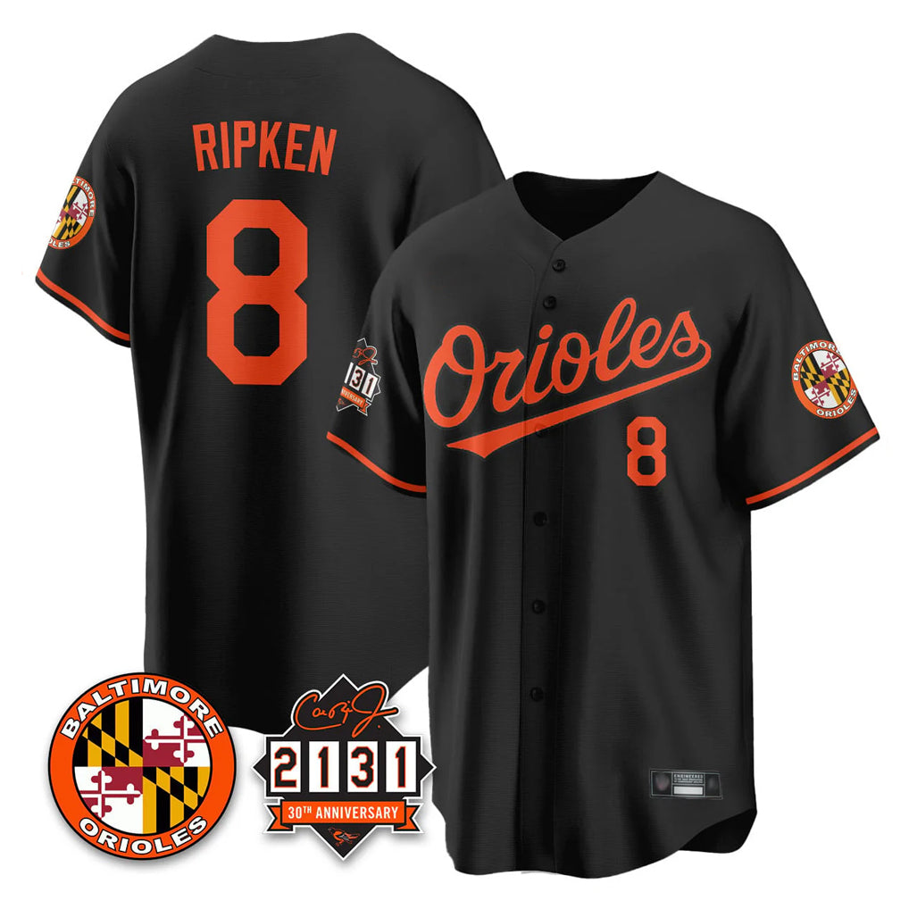 B.Orioles #8 Cal Ripken Player Black 30th Anniversary of 2131 Home Game Gdoa Stitched Jerseys