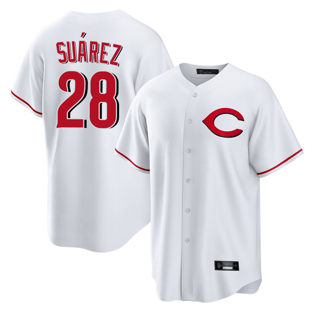 C.Reds #28 Eugenio Su¨¢rez Player White Home Game Gdoa Stitched Jerseys
