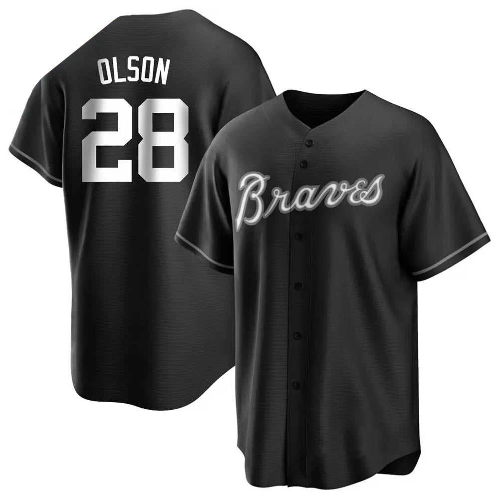 A.Braves #28 Matt Olson player Black&White Replica Stitched Jerseys