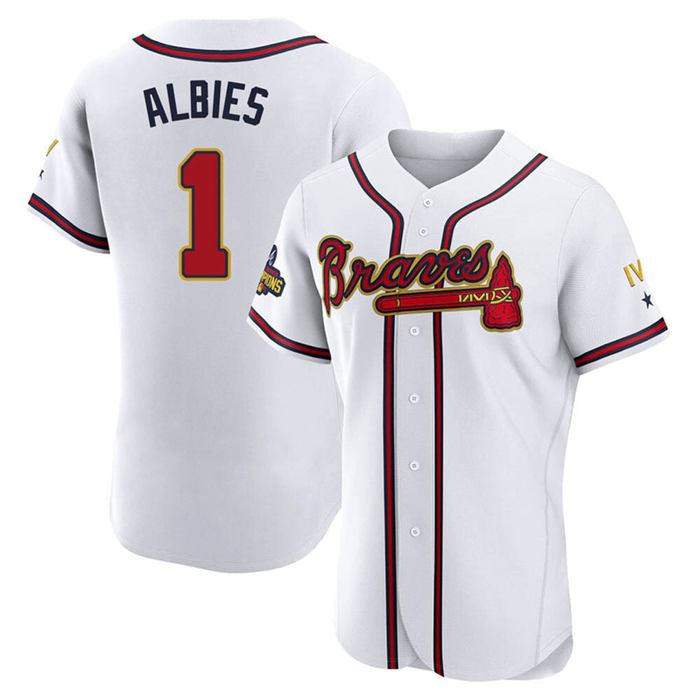 A.Braves #1 Ozzie Albies Player White Gold Limited Elite Home Game Gdoa Stitched Jerseys