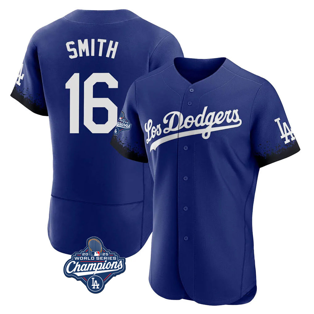 LA.Dodgers #16 Will Smith Player Royal World Series Meet City Connect Elite Home Gdoa Stitched Jerseys