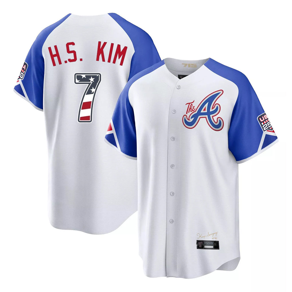 A.Braves #7 Ha-Seong Kim Player White USA 250 Fourth Of July City Connect Home Game Gdoa250Ys Stitched Jerseys