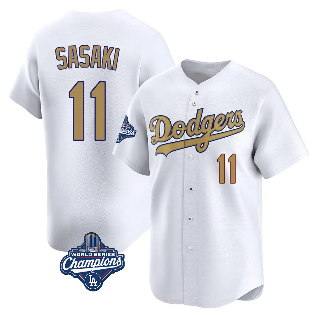 LA.Dodgers #11 Roki Sasaki Player Gold World Series Meet Collection Limited Home Gdoa Stitched Jerseys