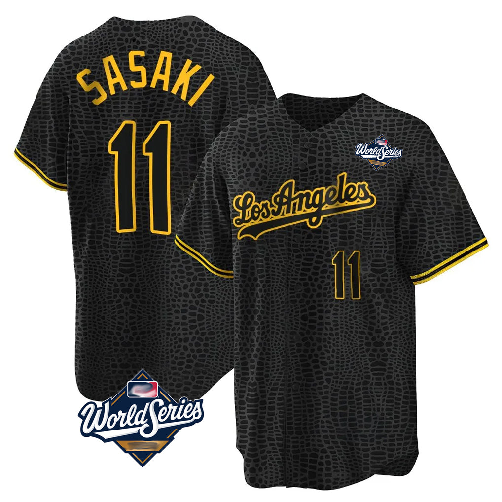 LA.Dodgers #11 Roki Sasaki Player Black World Series Snake Skin City Game Home Gdoa Stitched Jerseys
