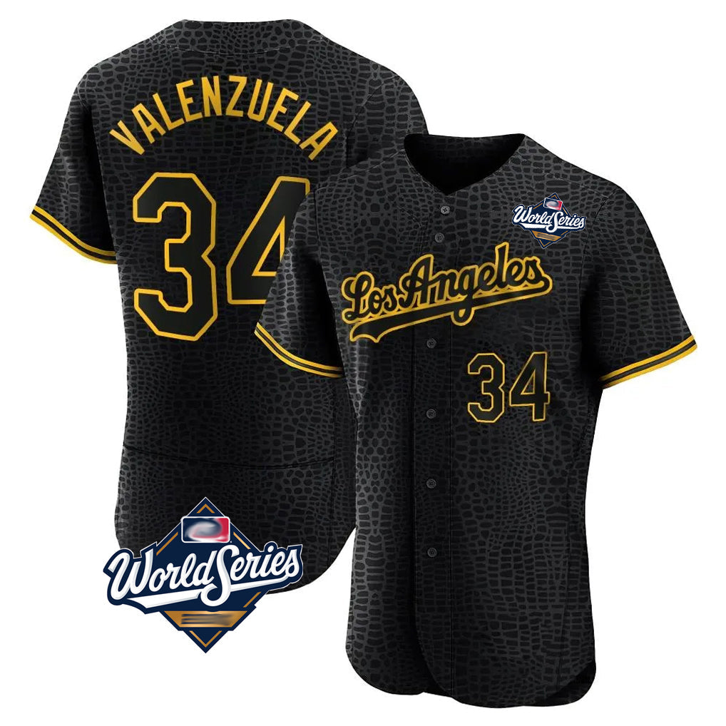 LA.Dodgers #34 Fernando Valenzuela Player Black World Series Snake Skin City Limited Elite Home Gdoa Stitched Jerseys
