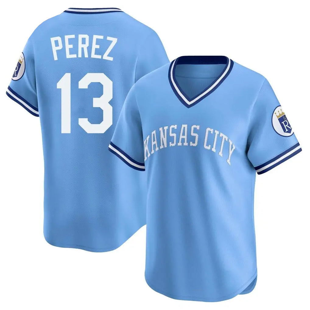 KC.Royals #13 Salvador Perez Player Light Blue Limited Throwback Cooperstown Collection T-shirt Gdoa Stitched Jerseys