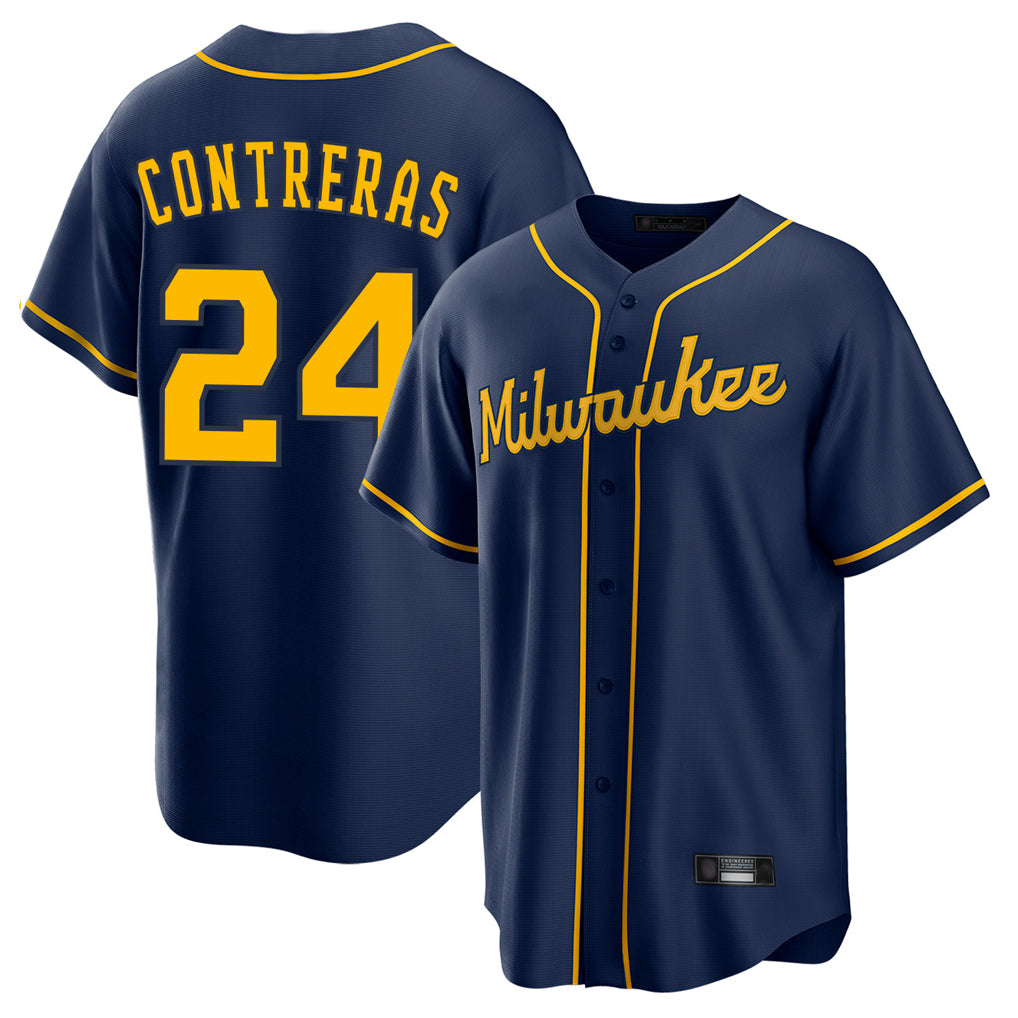 M.Brewers #24 William Contreras Player Navy Home Game Gdoa Stitched Jerseys
