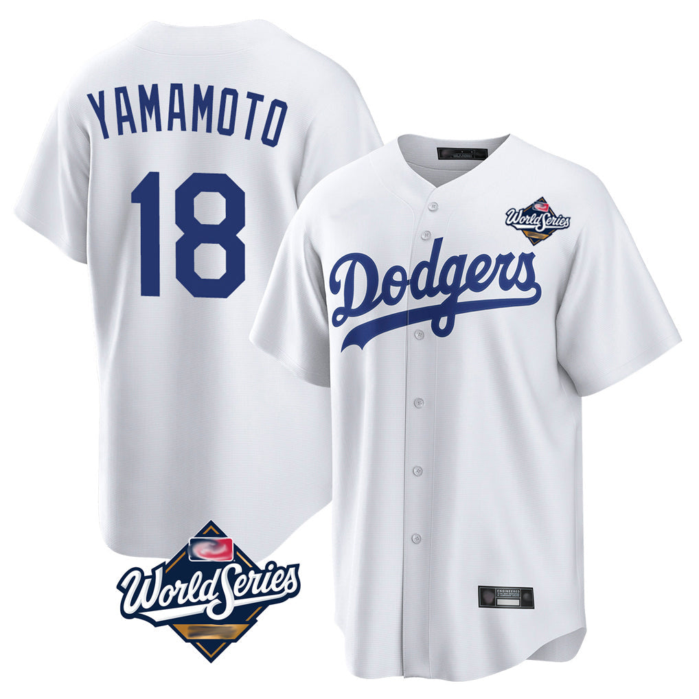 LA.Dodgers #18 Yoshinobu Yamamoto Player White World Series Game Home Gdoa Stitched Jerseys