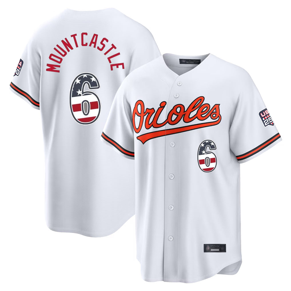 B.Orioles #6 Ryan Mountcastle Player White USA 250 Fourth of July Home Game Gdoa Stitched Jerseys