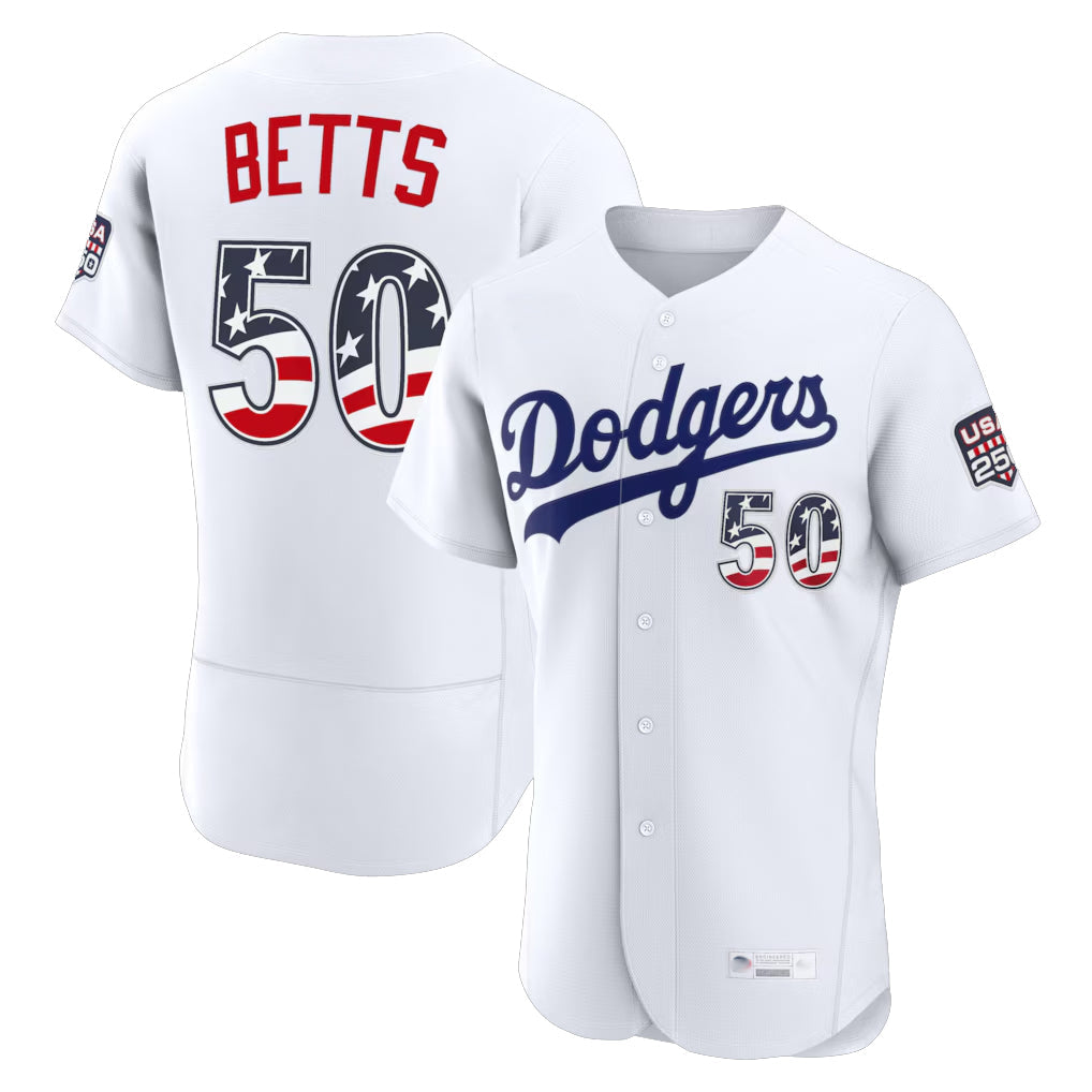 LA.Dodgers #50 Mookie Betts Player White USA 250 Fourth of July Limited Elite Home Game Gdoa250Ys Stitched Jerseys