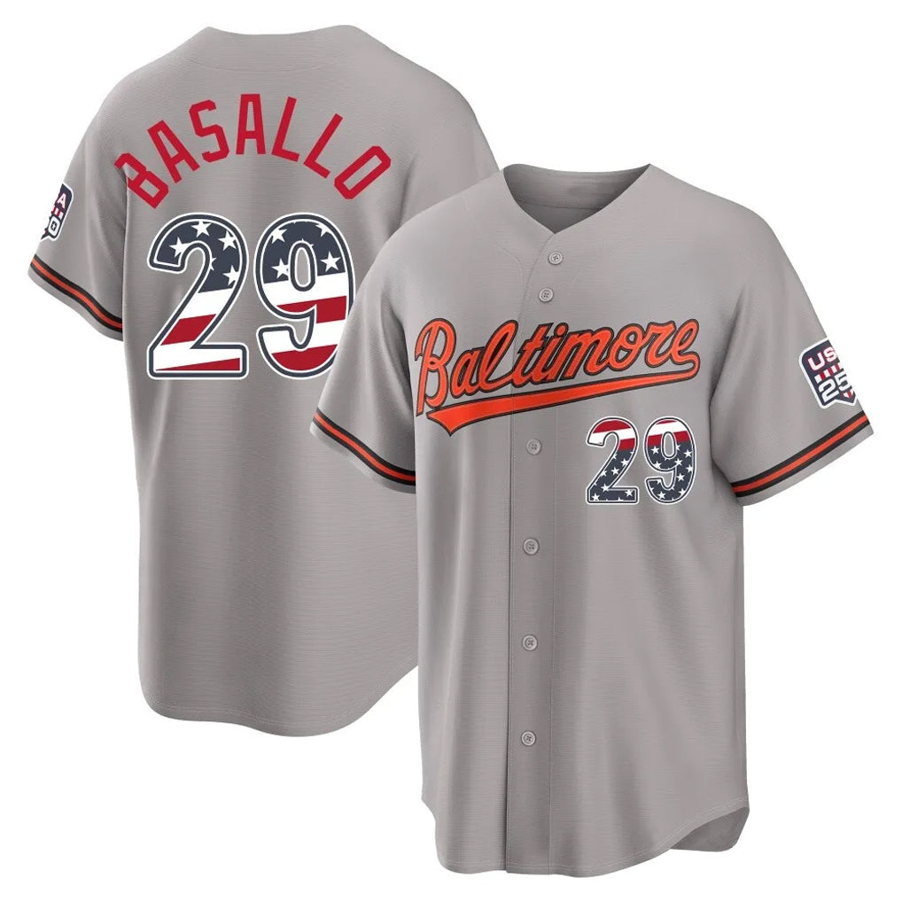 B.Orioles #29 Samuel Basallo Player Gray USA 250 Fourth of July Home Game Gdoa Stitched Jerseys