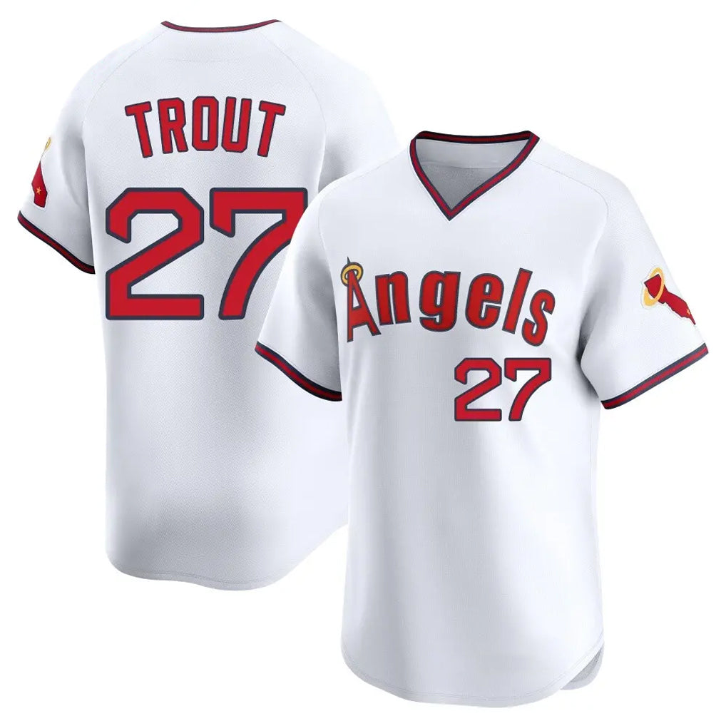 LA.Angels #27 Mike Trout Player White T-shirt Home Limited Gdoa Stitched Jerseys