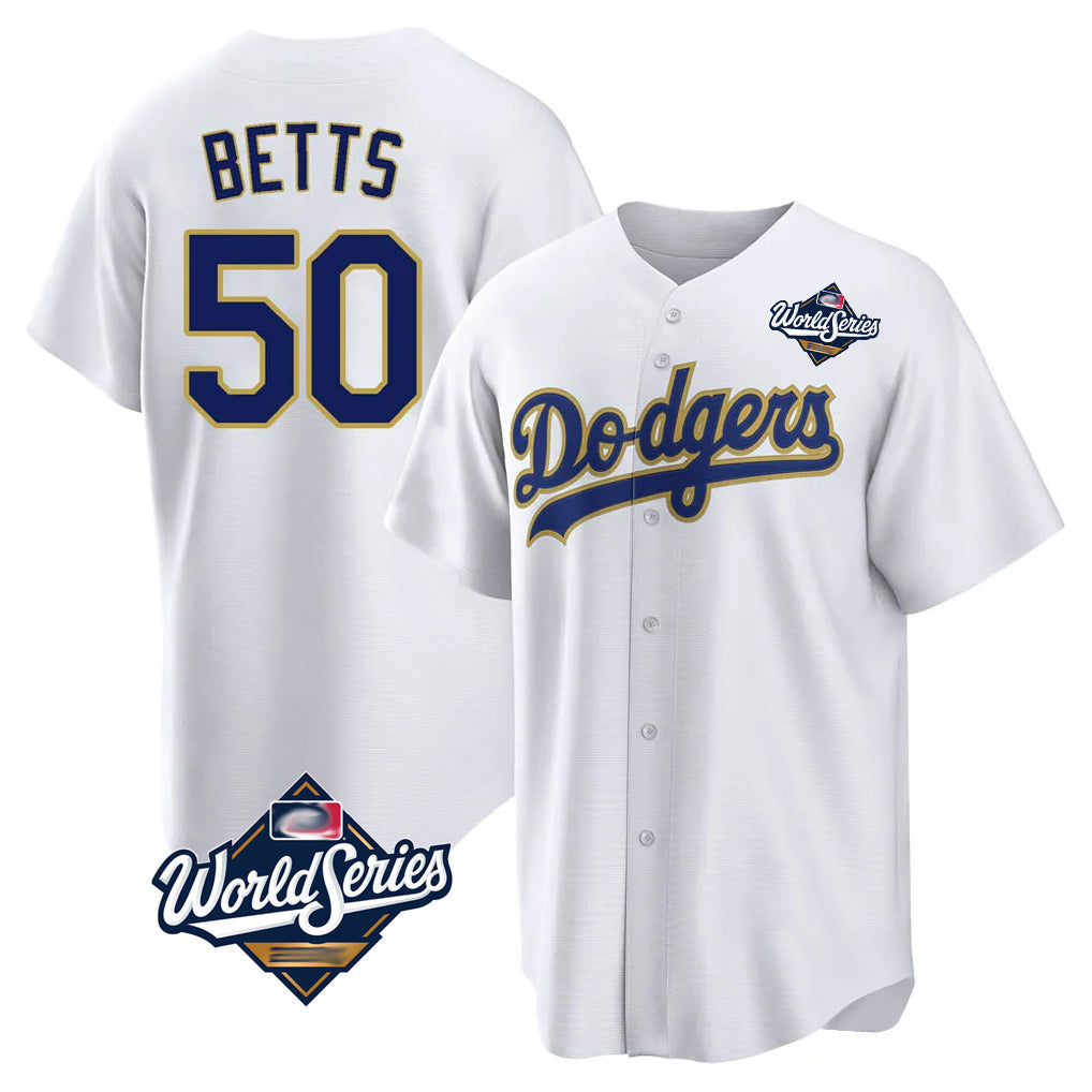 LA.Dodgers #50 Mookie Betts Player Gold White World Series 2026 Collection Stadium Game Gdoa Stitched Jerseys