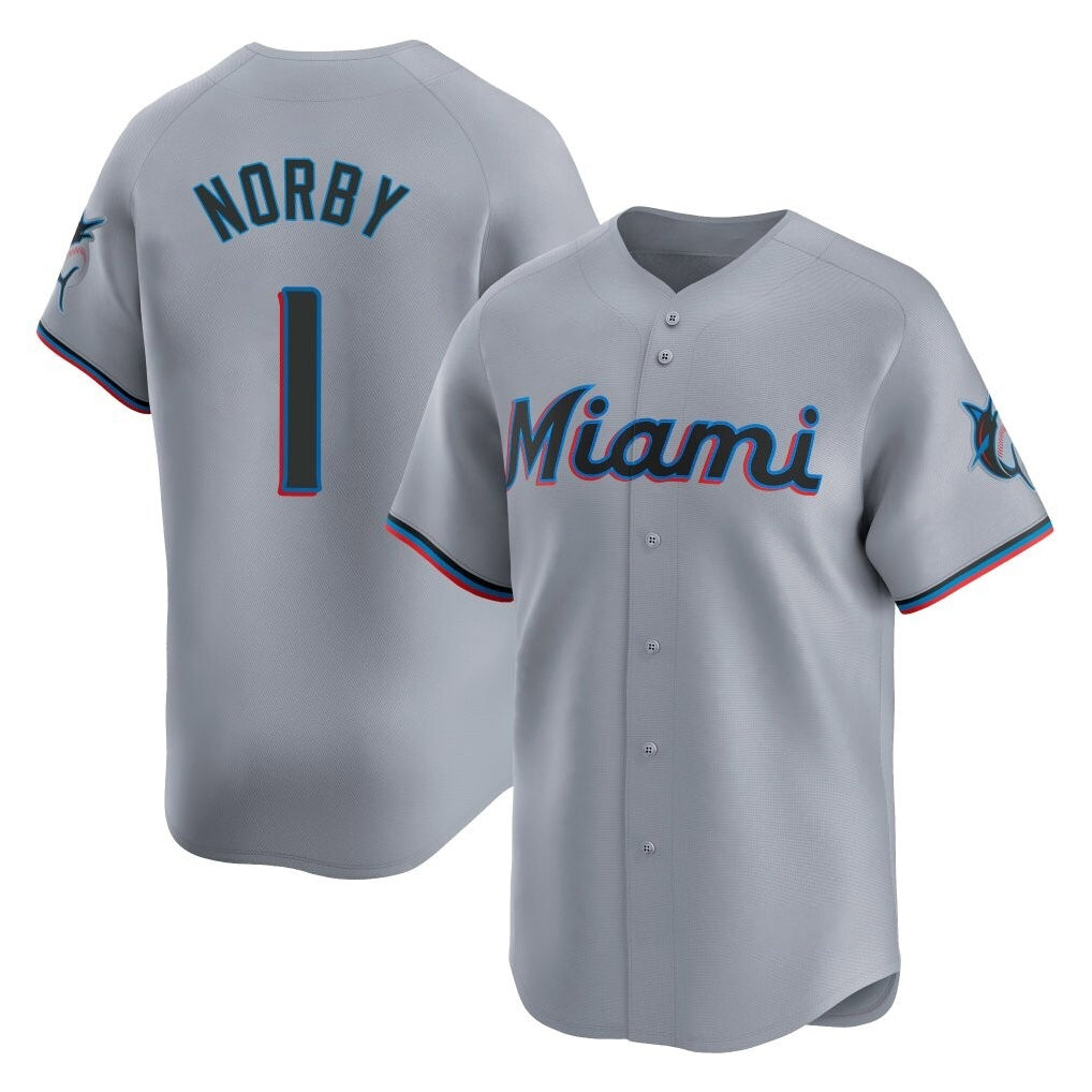 M.Marlins #1 Connor Norby Player Gray Home Limited Gdoa Stitched Jerseys