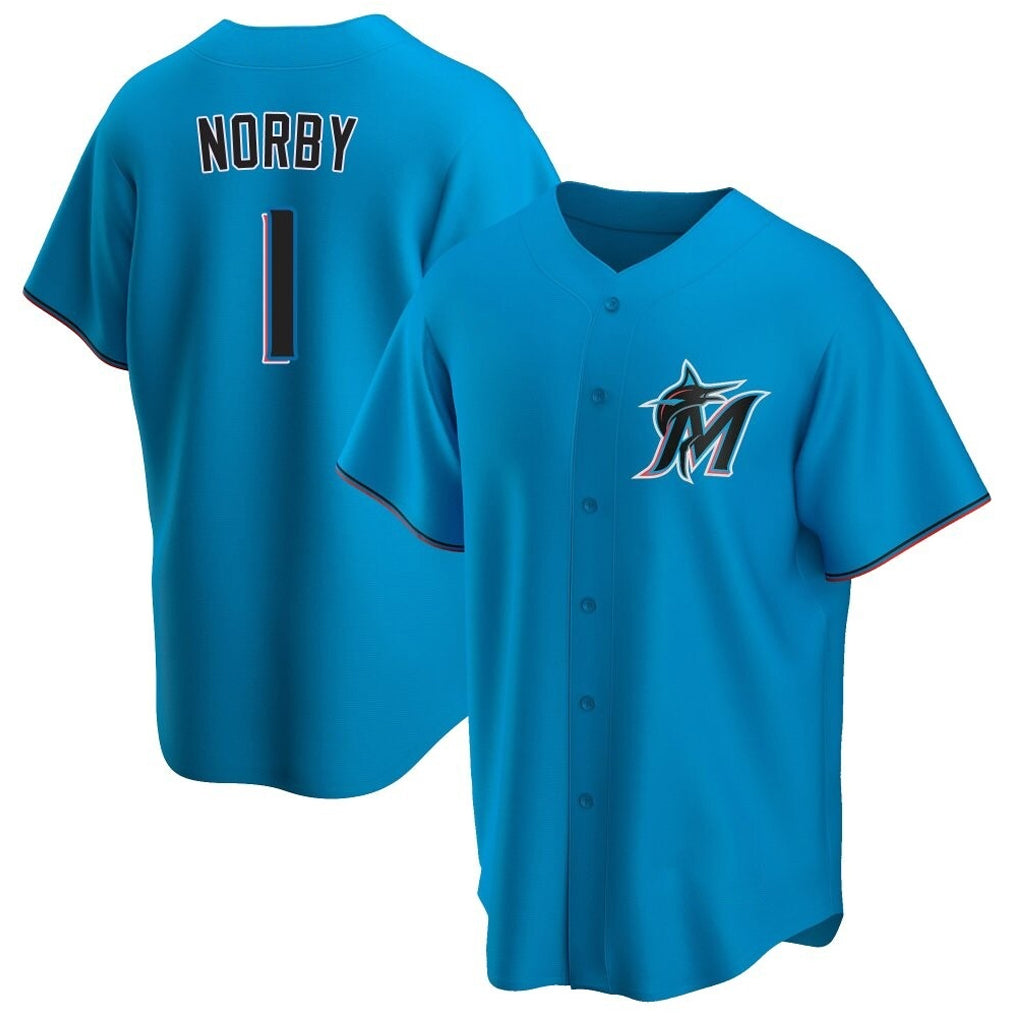 M.Marlins #1 Connor Norby Player Blue Home Game Gdoa Stitched Jerseys