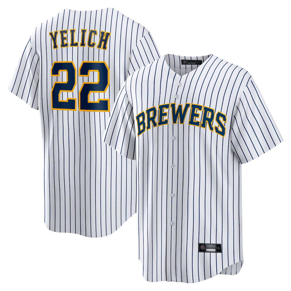 M.Brewers #22 Christian Yelich Player White Stripes Home Game Gdoa Stitched Jerseys