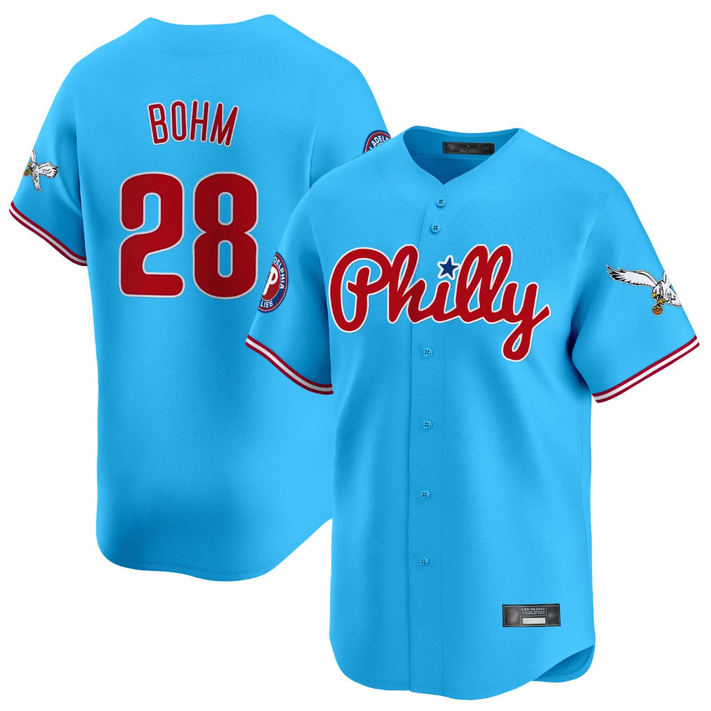 P.Phillies #28 Alec Bohm Player Light Blue Phillies & Eagles Vapor Premier Limited Home Stitched Jerseys