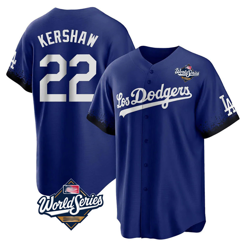 LA.Dodgers #22 Clayton Kershaw Player Royal World Series City Connect Home Game Gdoa Stitched Jerseys