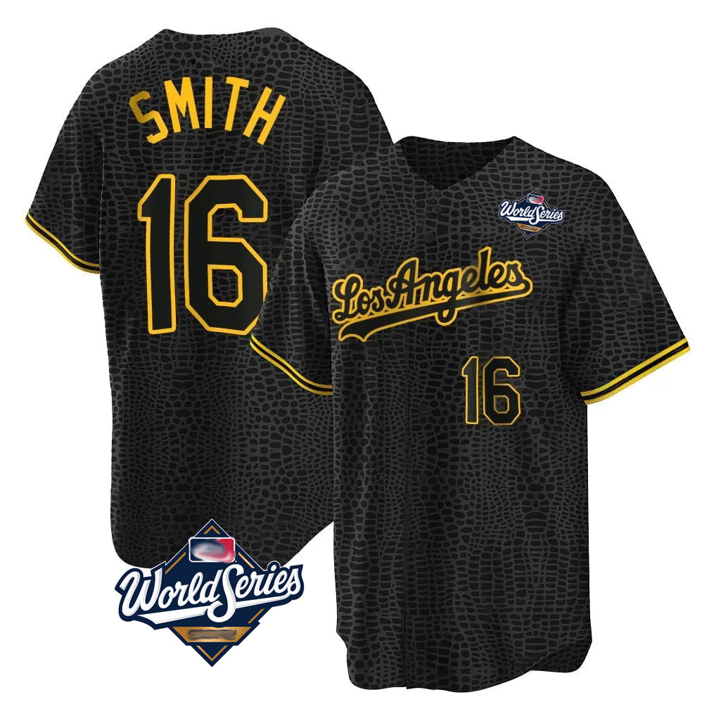 LA.Dodgers #16 Will Smith Player Black World Series Snake Skin City Game Home Gdoa Stitched Jerseys