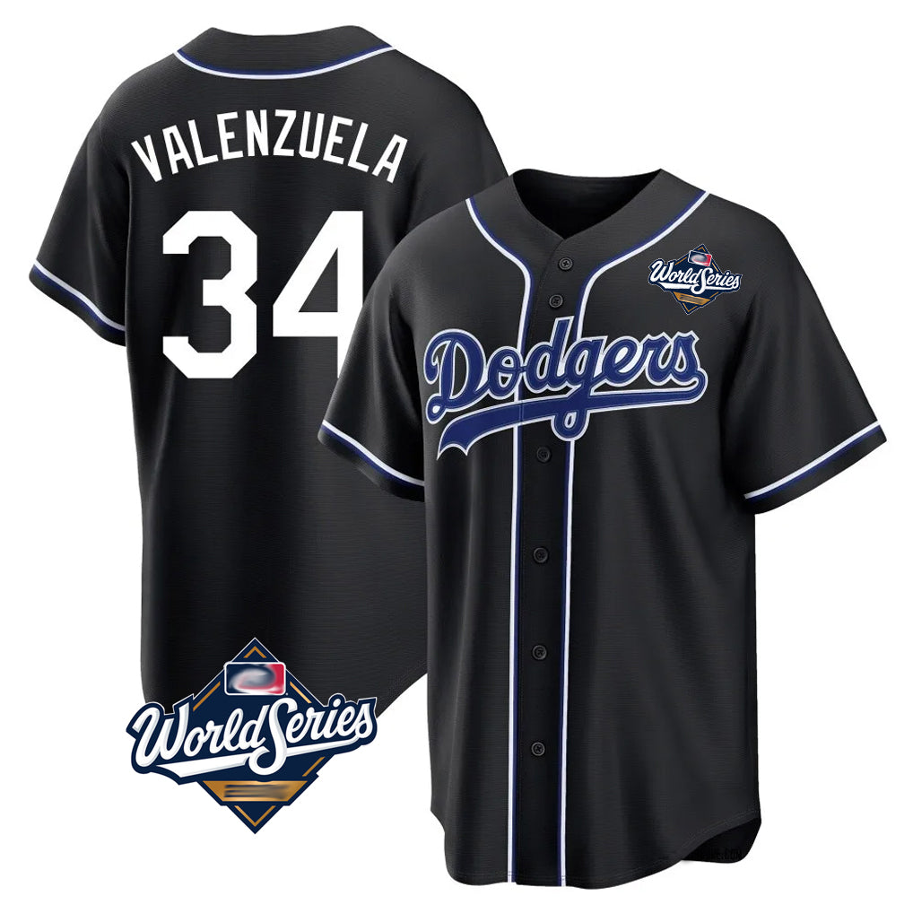 LA.Dodgers #34 Fernando Valenzuela Player Black World Series Carbon Limited Home Gdoa Stitched Jerseys