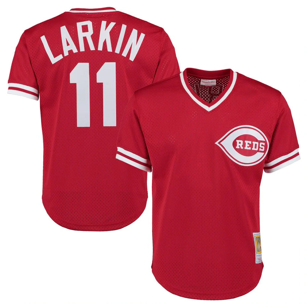 C.Reds #11 Barry Larkin Player Red Mitchell & Ness Throwback Cooperstown Mesh T-shirt Game Gdoa Stitched Jerseys