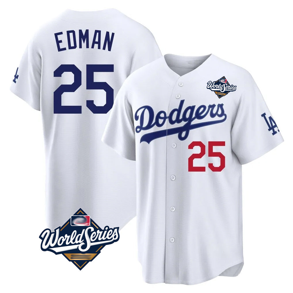 LA.Dodgers #25 Tommy Edman Player White World Series Home Game Gdoa Stitched Jerseys