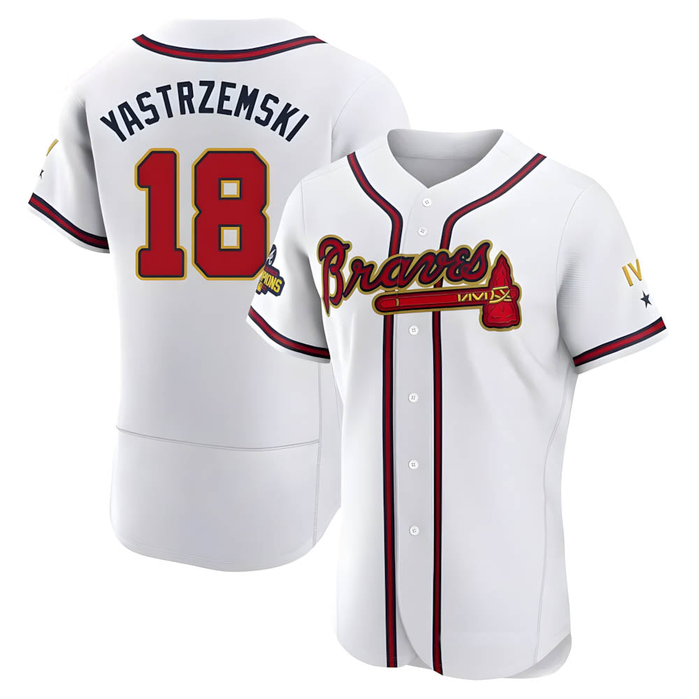 A.Braves #18 Mike Yastrzemski player Gold Authentic White Program Stitched Jerseys